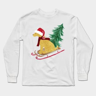 Golden Retriever Christmas Sled Bringing Home The Tree Long Sleeve T-Shirt